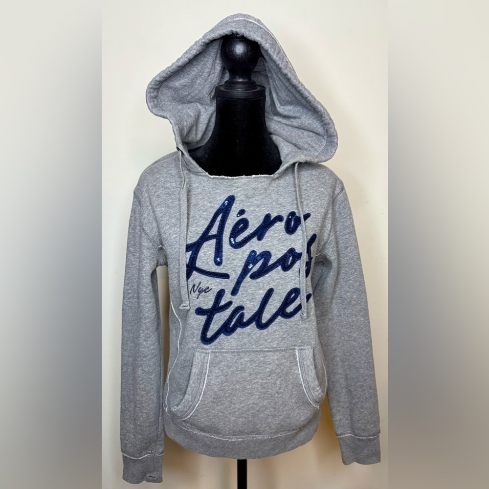 Y2K Aeropostale New York gray hoodie Blue sequin logo kangaroo pocket small EUC